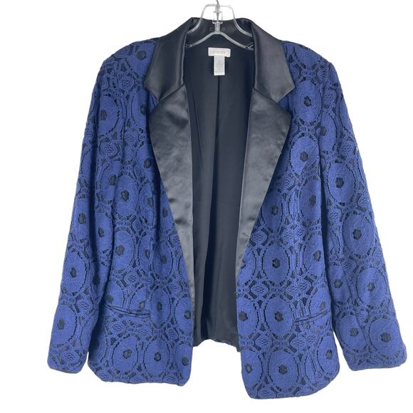 Chico's Lace Open Front Blazer Jacket Satin Lapel Blue Black Size 2/ L - Picture 2 of 8